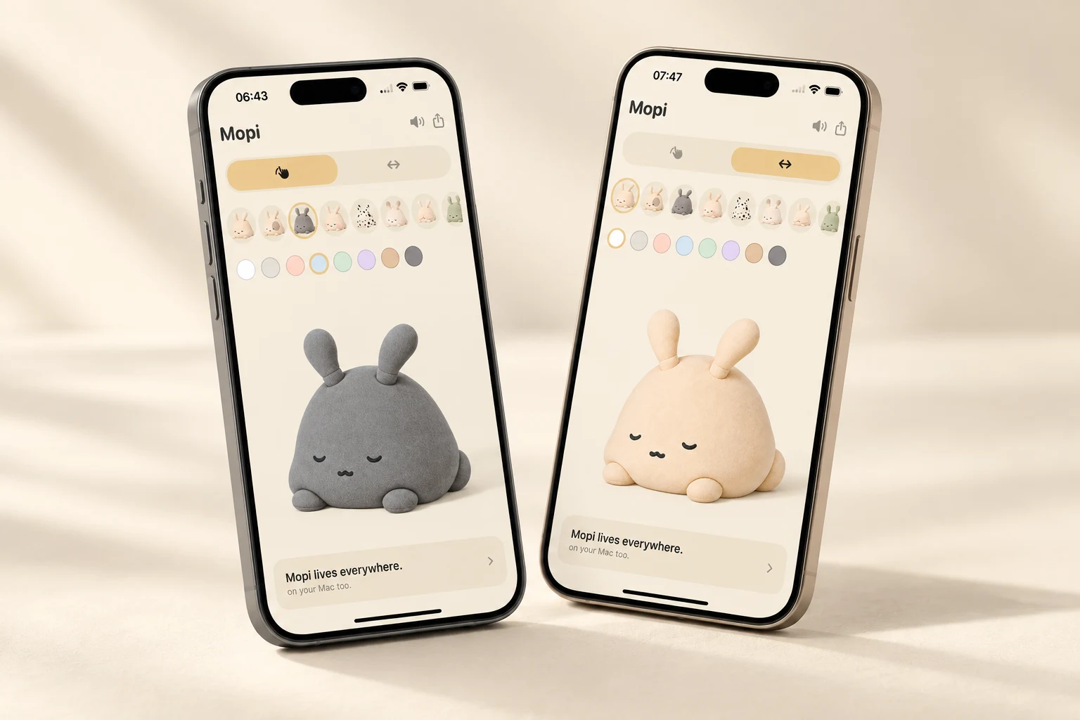 Mopi Touch on two iPhones, showing pet and stretch modes