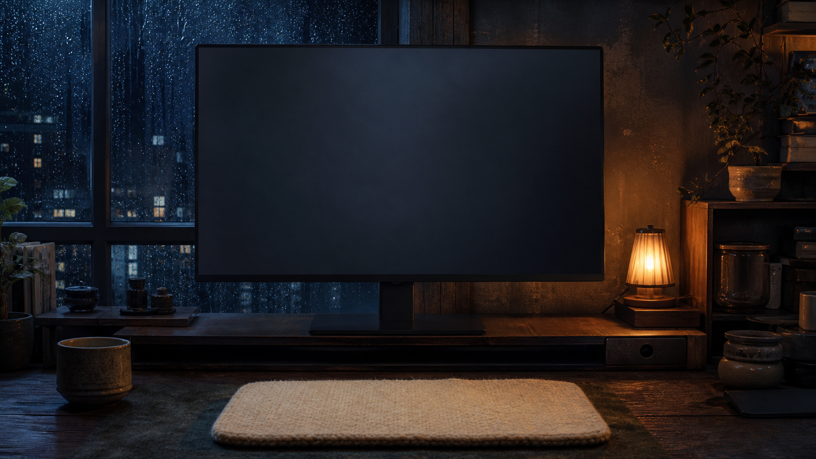 A rain-lit desktop where Mopi lives inside the monitor