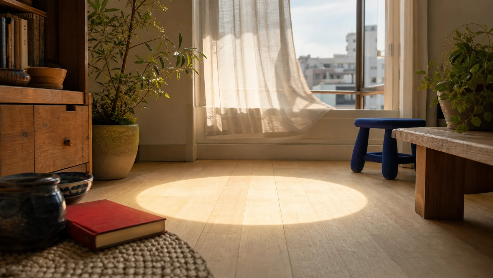 A quiet room, with sunlight falling onto the wooden floor
