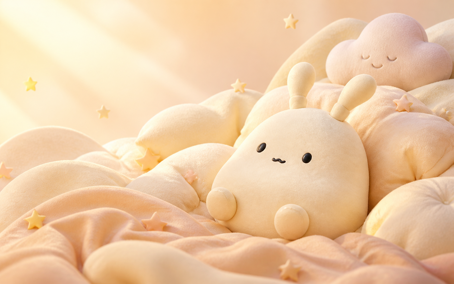 Cream Mopi relaxing in a warm pile of pillows